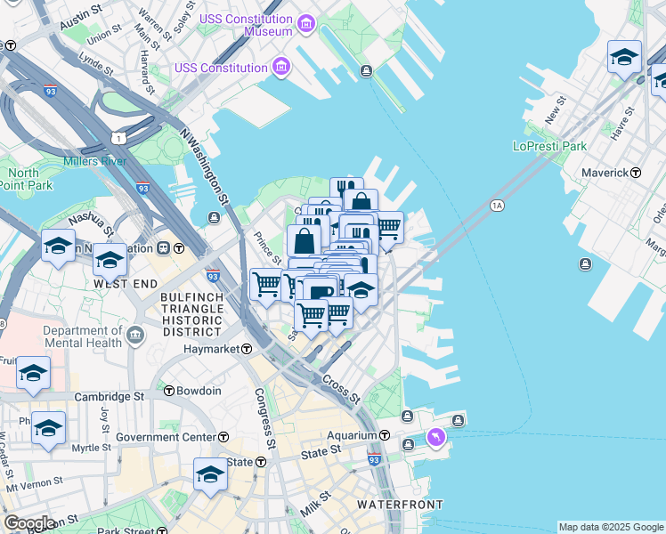 map of restaurants, bars, coffee shops, grocery stores, and more near 4 Charter Street in Boston