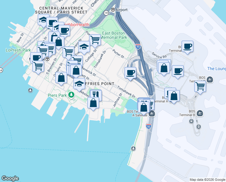 map of restaurants, bars, coffee shops, grocery stores, and more near 375 Maverick Street in Boston