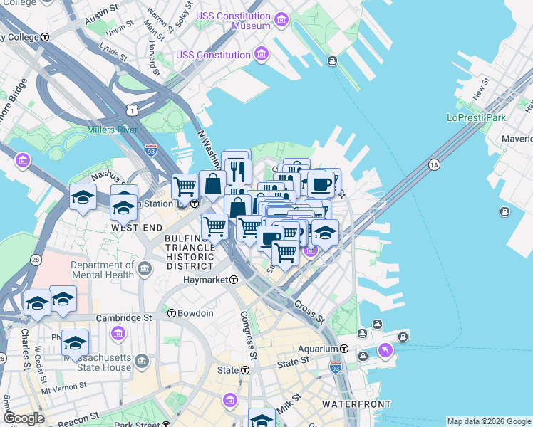 map of restaurants, bars, coffee shops, grocery stores, and more near 99 Prince Street in Boston