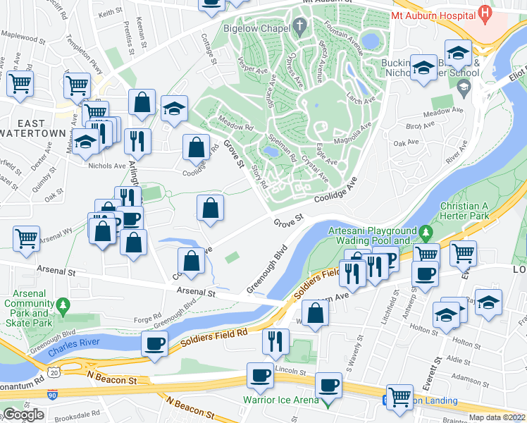 map of restaurants, bars, coffee shops, grocery stores, and more near 114 Coolidge Avenue in Watertown