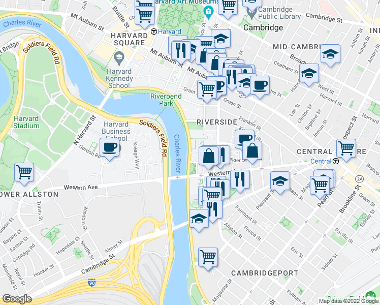 map of restaurants, bars, coffee shops, grocery stores, and more near Memorial Dr & Akron St in Cambridge