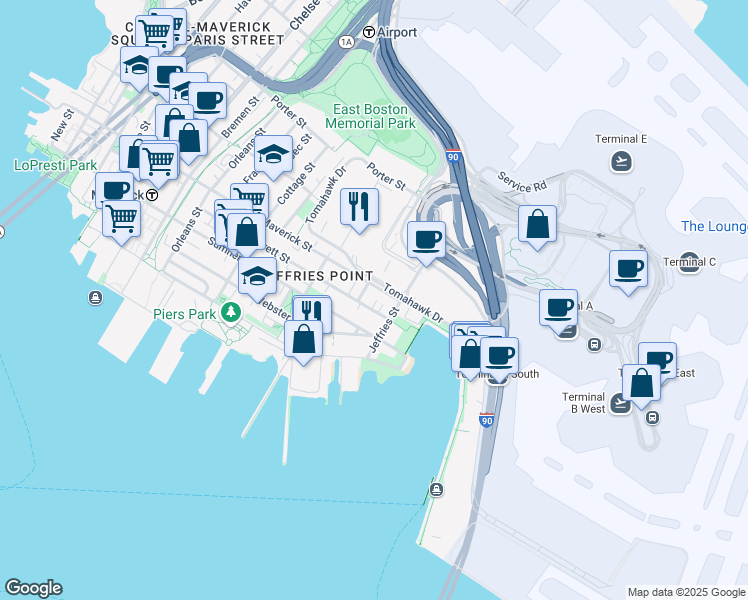map of restaurants, bars, coffee shops, grocery stores, and more near 375 Maverick Street in Boston