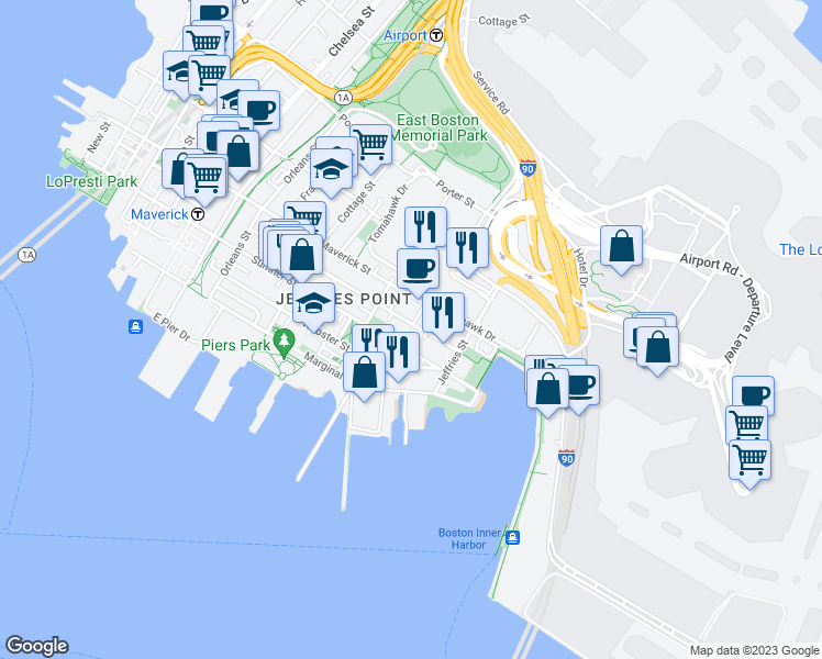 map of restaurants, bars, coffee shops, grocery stores, and more near 206 Everett Street in Boston