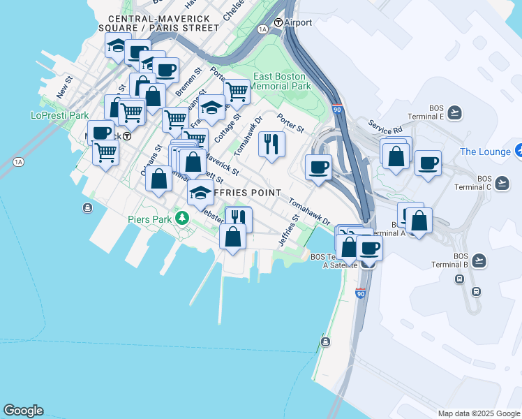 map of restaurants, bars, coffee shops, grocery stores, and more near 206 Everett Street in Boston
