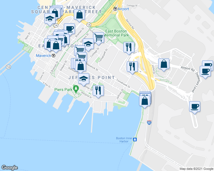 map of restaurants, bars, coffee shops, grocery stores, and more near 206 Everett Street in Boston