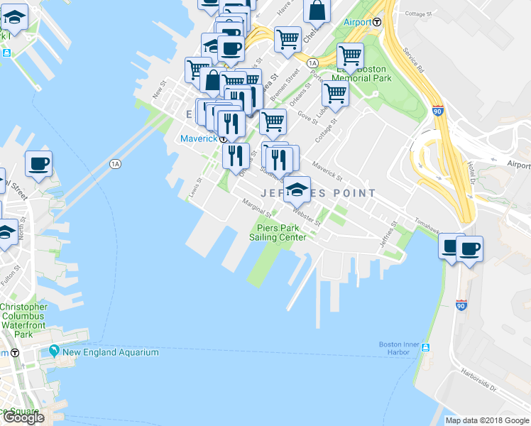 map of restaurants, bars, coffee shops, grocery stores, and more near 110A Marginal Street in Boston