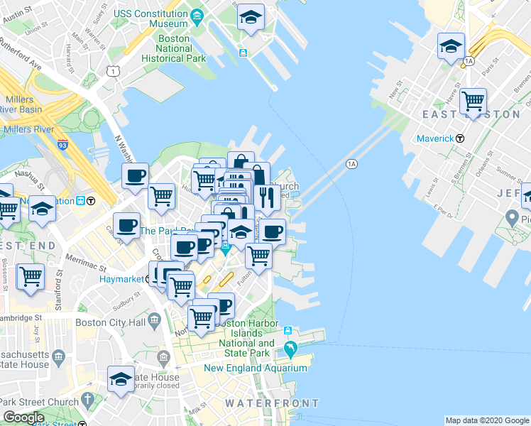 map of restaurants, bars, coffee shops, grocery stores, and more near 7 Powers Court in Boston
