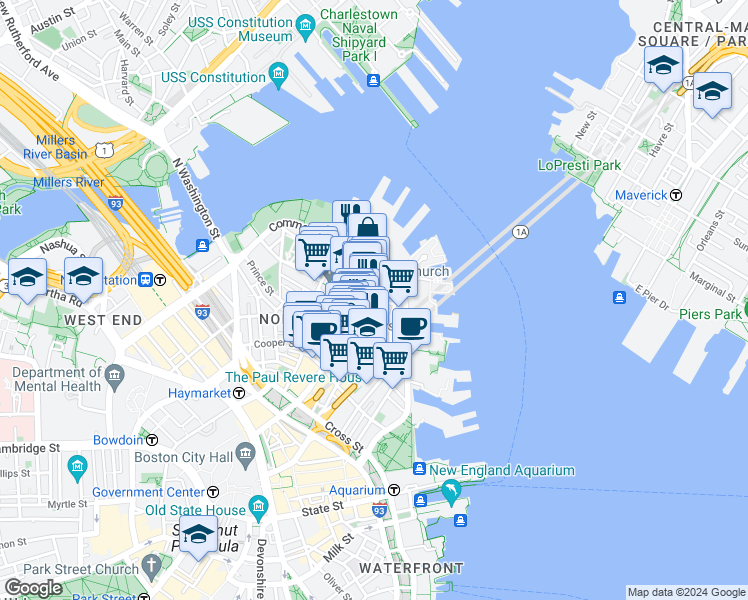 map of restaurants, bars, coffee shops, grocery stores, and more near 7 Powers Court in Boston