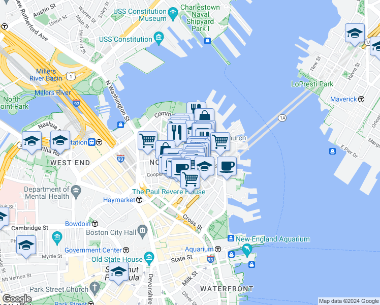 map of restaurants, bars, coffee shops, grocery stores, and more near 4 Charter Street in Boston