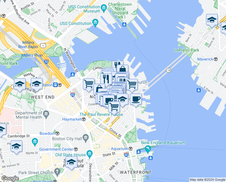 map of restaurants, bars, coffee shops, grocery stores, and more near 4 Charter Street in Boston