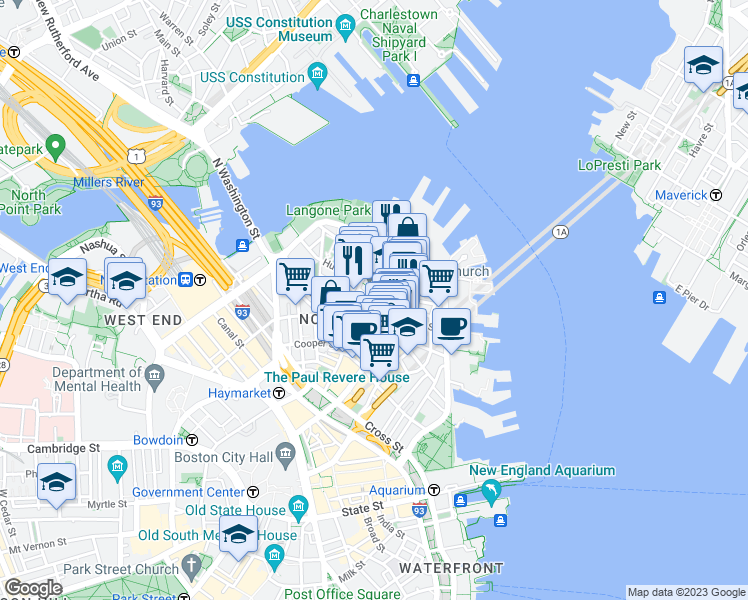 map of restaurants, bars, coffee shops, grocery stores, and more near 4 Charter Street in Boston