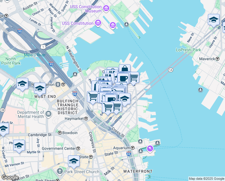map of restaurants, bars, coffee shops, grocery stores, and more near in Boston