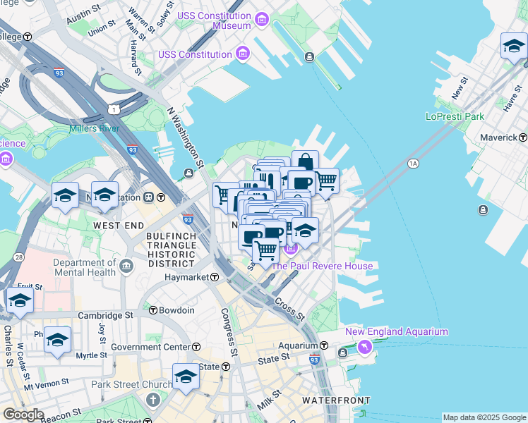 map of restaurants, bars, coffee shops, grocery stores, and more near in Boston