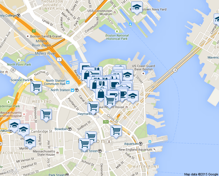 map of restaurants, bars, coffee shops, grocery stores, and more near 3 Snow Hill Street in Boston