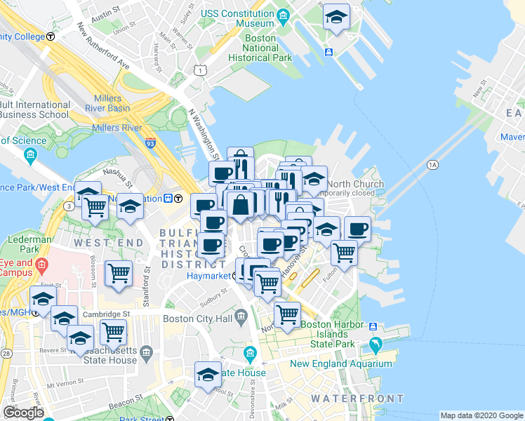 map of restaurants, bars, coffee shops, grocery stores, and more near 3 Snow Hill Street in Boston