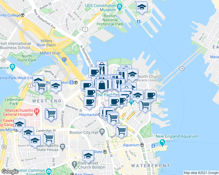 map of restaurants, bars, coffee shops, grocery stores, and more near 3 Snow Hill Street in Boston