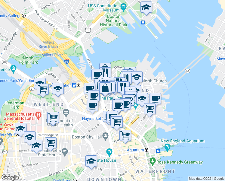 map of restaurants, bars, coffee shops, grocery stores, and more near 3 Snow Hill Street in Boston