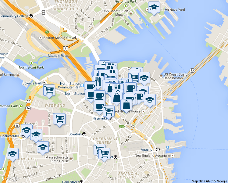map of restaurants, bars, coffee shops, grocery stores, and more near 7 Endicott Court in Boston