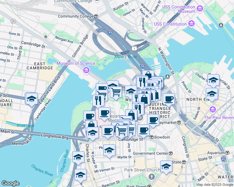 map of restaurants, bars, coffee shops, grocery stores, and more near 5 Whittier Place in Boston