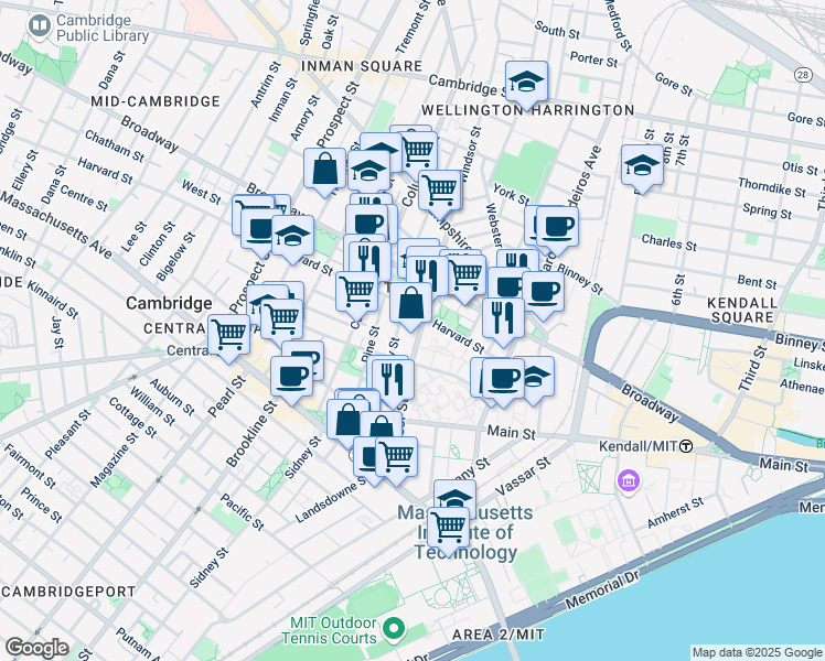 map of restaurants, bars, coffee shops, grocery stores, and more near 8 Harvard Street in Cambridge