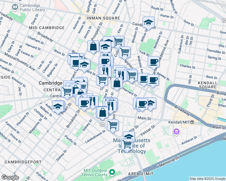 map of restaurants, bars, coffee shops, grocery stores, and more near 151R Cherry Street in Cambridge