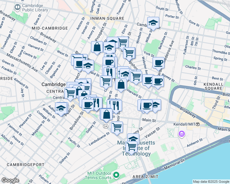 map of restaurants, bars, coffee shops, grocery stores, and more near 151R Cherry Street in Cambridge