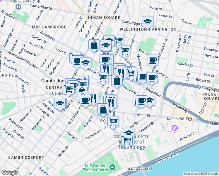 map of restaurants, bars, coffee shops, grocery stores, and more near 151R Cherry Street in Cambridge
