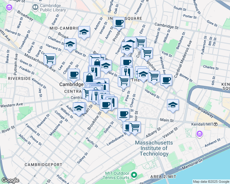 map of restaurants, bars, coffee shops, grocery stores, and more near 385 Washington Street in Cambridge