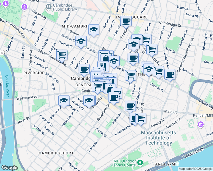 map of restaurants, bars, coffee shops, grocery stores, and more near 5 Ashburton Place in Cambridge