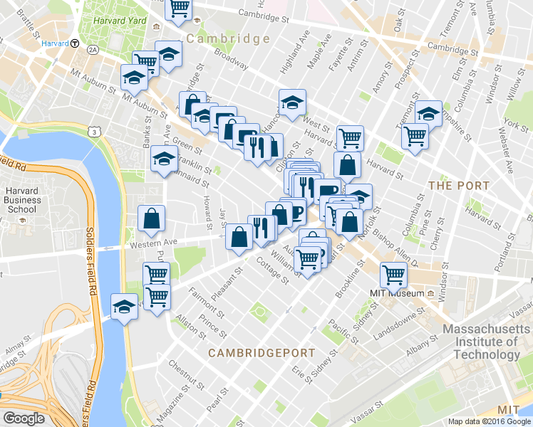 map of restaurants, bars, coffee shops, grocery stores, and more near 345 Franklin Street in Cambridge
