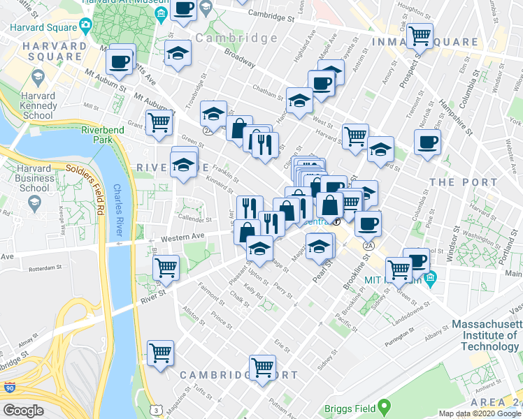 map of restaurants, bars, coffee shops, grocery stores, and more near 345 Franklin Street in Cambridge