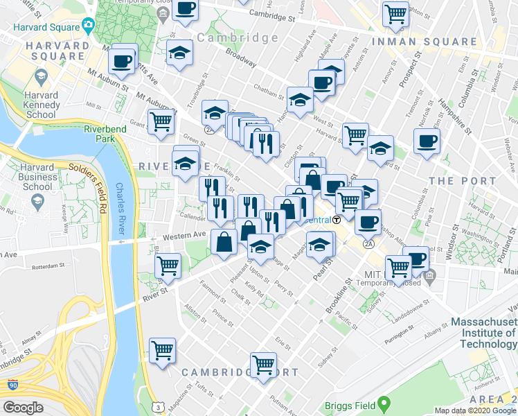 map of restaurants, bars, coffee shops, grocery stores, and more near in Cambridge