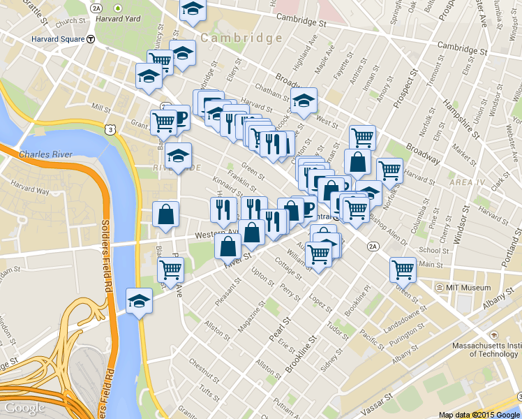 map of restaurants, bars, coffee shops, grocery stores, and more near 42 Kinnaird Street in Cambridge