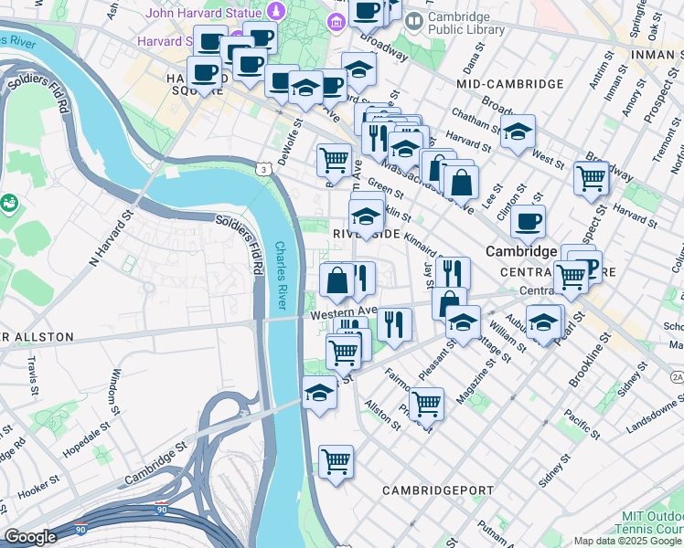 map of restaurants, bars, coffee shops, grocery stores, and more near in Cambridge