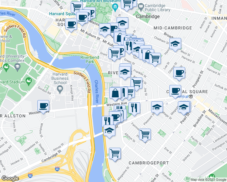 map of restaurants, bars, coffee shops, grocery stores, and more near 31 Peabody Terrace in Cambridge