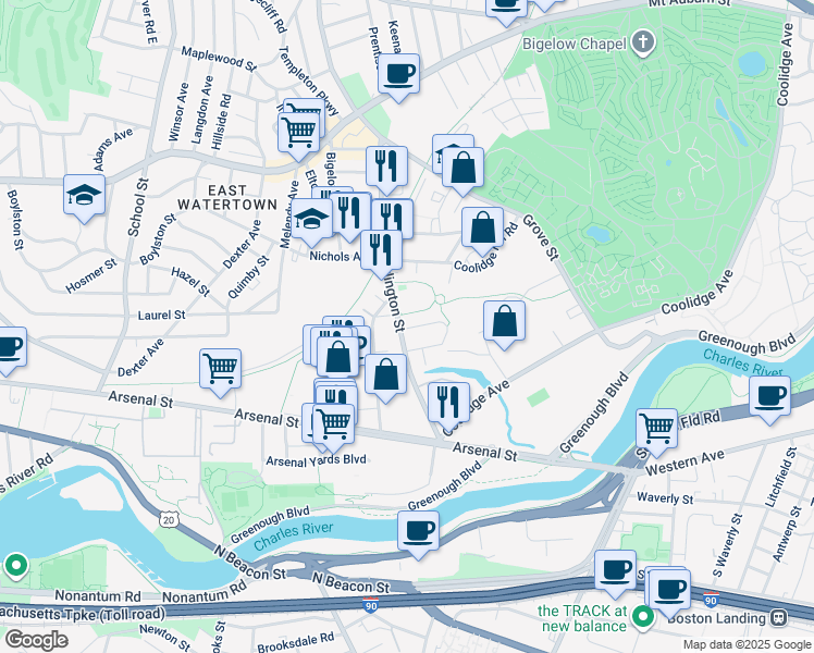 map of restaurants, bars, coffee shops, grocery stores, and more near 104 Arlington Street in Watertown