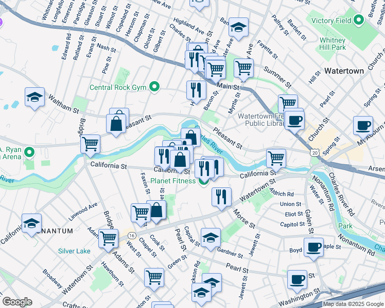 map of restaurants, bars, coffee shops, grocery stores, and more near 2 Riverdale Avenue in Newton