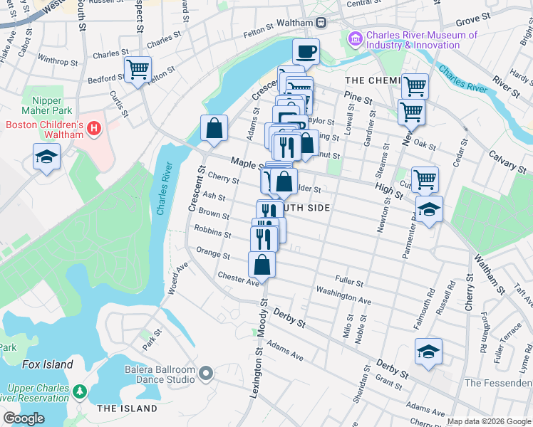 map of restaurants, bars, coffee shops, grocery stores, and more near 77 Ash Street in Waltham