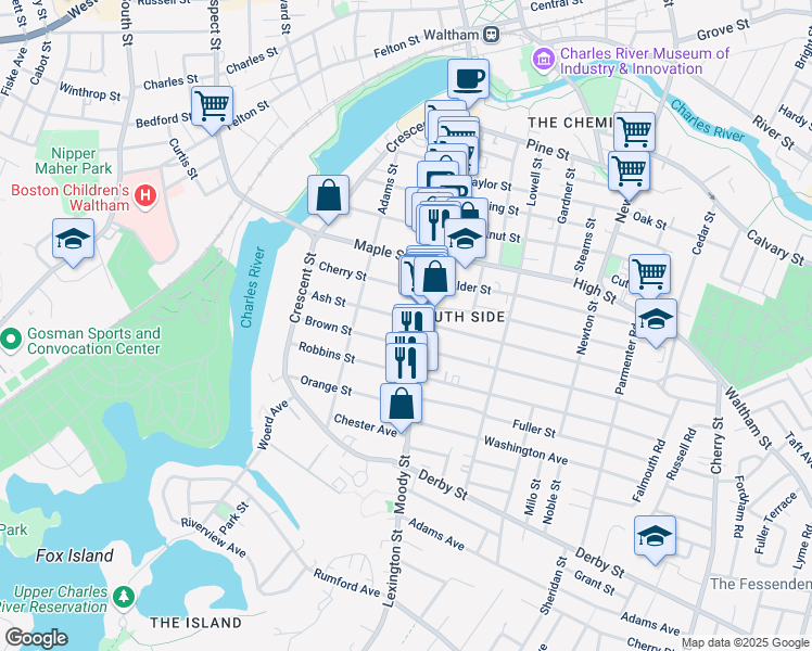 map of restaurants, bars, coffee shops, grocery stores, and more near 77 Ash Street in Waltham