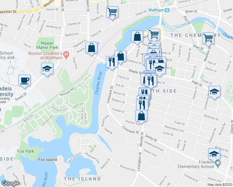 map of restaurants, bars, coffee shops, grocery stores, and more near 12 Brown Street in Waltham