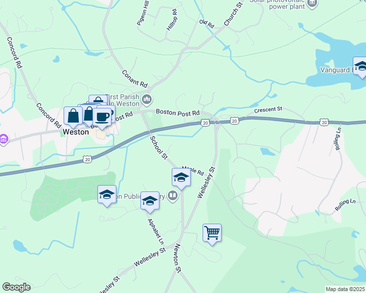 map of restaurants, bars, coffee shops, grocery stores, and more near 44 School Street in Weston