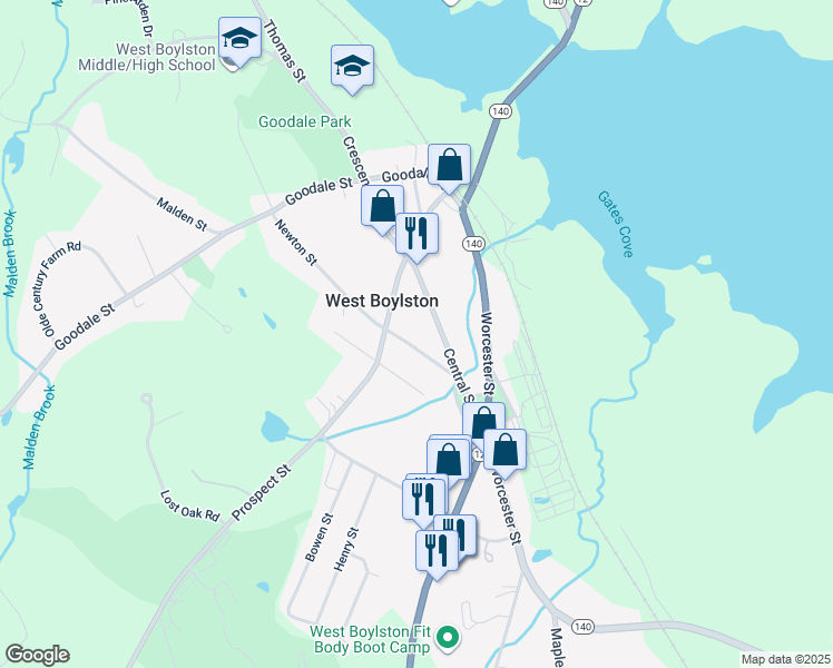 map of restaurants, bars, coffee shops, grocery stores, and more near 49 Central Street in West Boylston