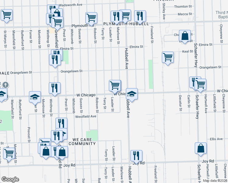 map of restaurants, bars, coffee shops, grocery stores, and more near 9529 Lauder Street in Detroit