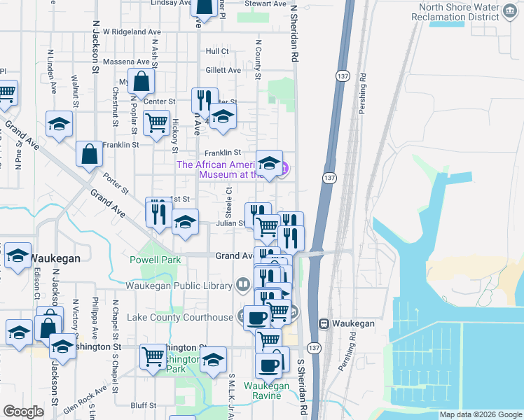 map of restaurants, bars, coffee shops, grocery stores, and more near 422 North County Street in Waukegan