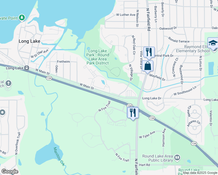 map of restaurants, bars, coffee shops, grocery stores, and more near 1480 Spring Brook Court in Round Lake Beach