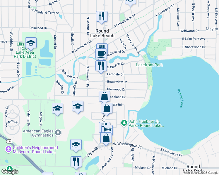 map of restaurants, bars, coffee shops, grocery stores, and more near 222 Glenwood Drive in Round Lake Beach
