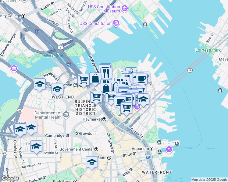 map of restaurants, bars, coffee shops, grocery stores, and more near 3 Snow Hill Street in Boston