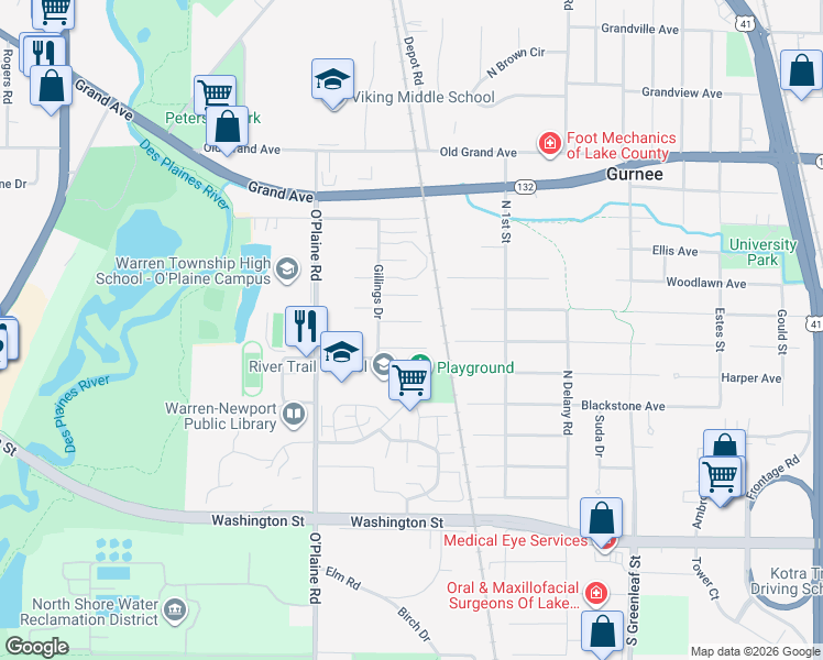 map of restaurants, bars, coffee shops, grocery stores, and more near 4369 Bluebird Court in Gurnee