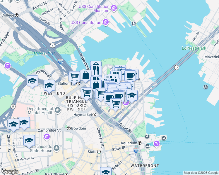 map of restaurants, bars, coffee shops, grocery stores, and more near 3 Snow Hill Street in Boston