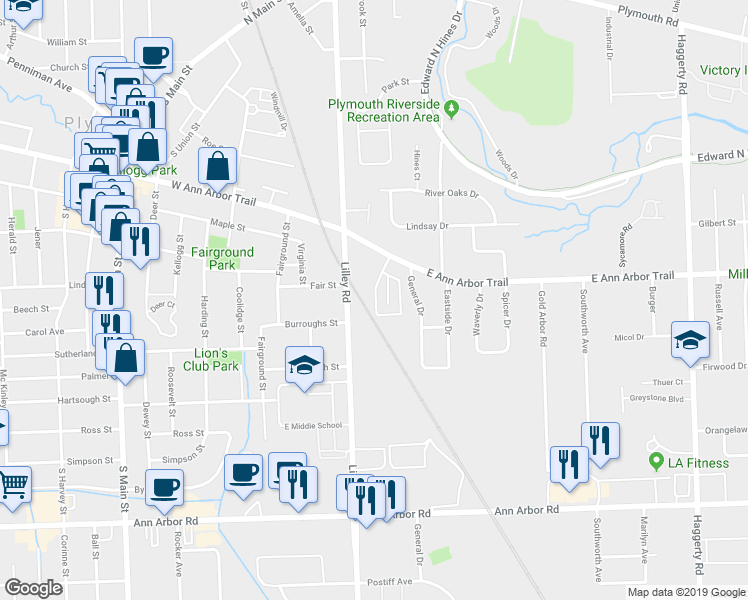 map of restaurants, bars, coffee shops, grocery stores, and more near 131 Pinewood Circle in Plymouth